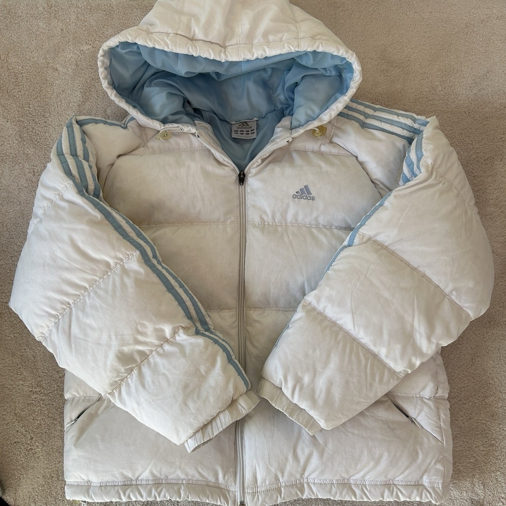Vtg Y2K Adidas Puffer Jacket-Women‎ Size Large Down Fill White/Blue Hooded HTF